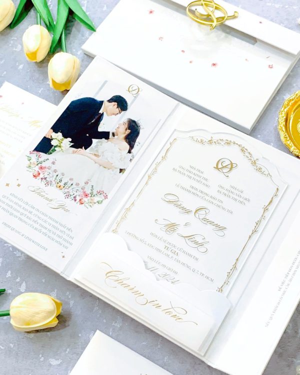 Luxury Gold Foil Acrylic Trifold White Wedding Invitation