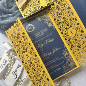 Luxury Laser Cut Gold Foil Navy Wedding Invitation