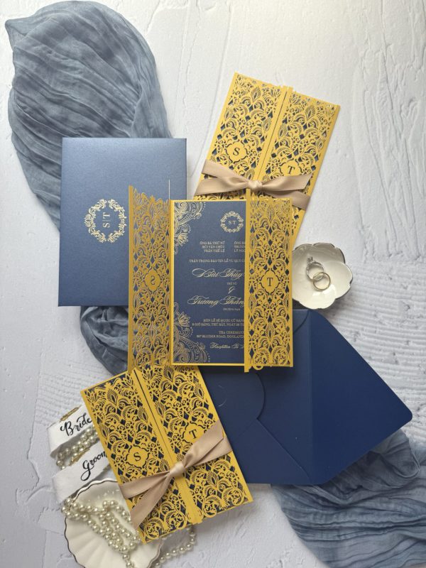 Luxury Laser Cut Gold Foil Navy Wedding Invitation - Image 2