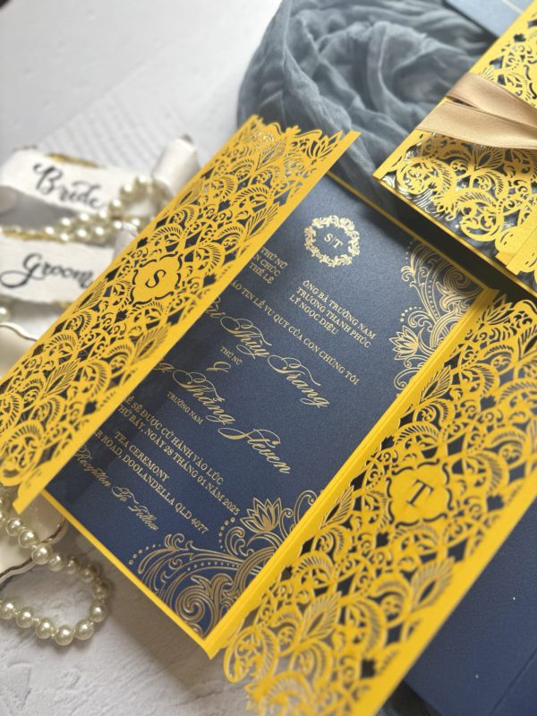 Luxury Laser Cut Gold Foil Navy Wedding Invitation - Image 4