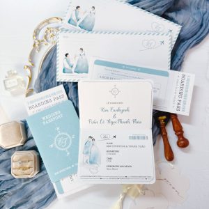 Couple Drawing Dusty Blue Passport Wedding Invitation