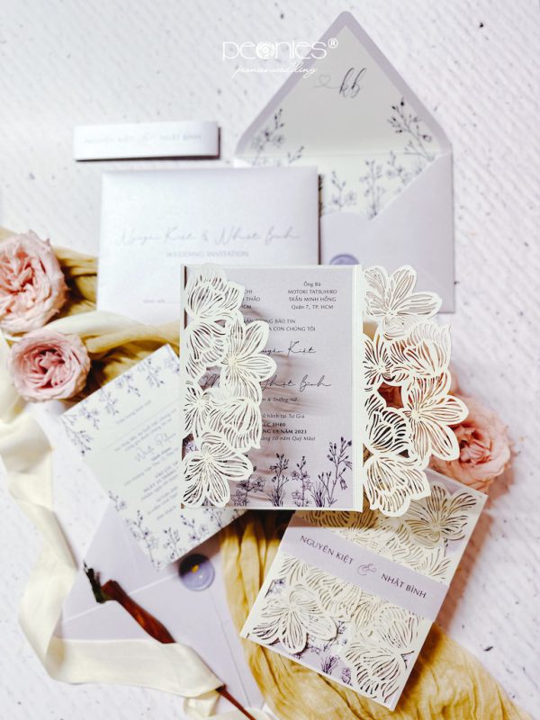 White Orchid Laser & Purple Lilac Wedding Invitation - Image 4